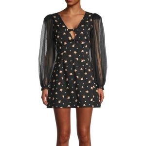 WeWoreWhat Black Dress with Floral Print and Sheer Sleeves